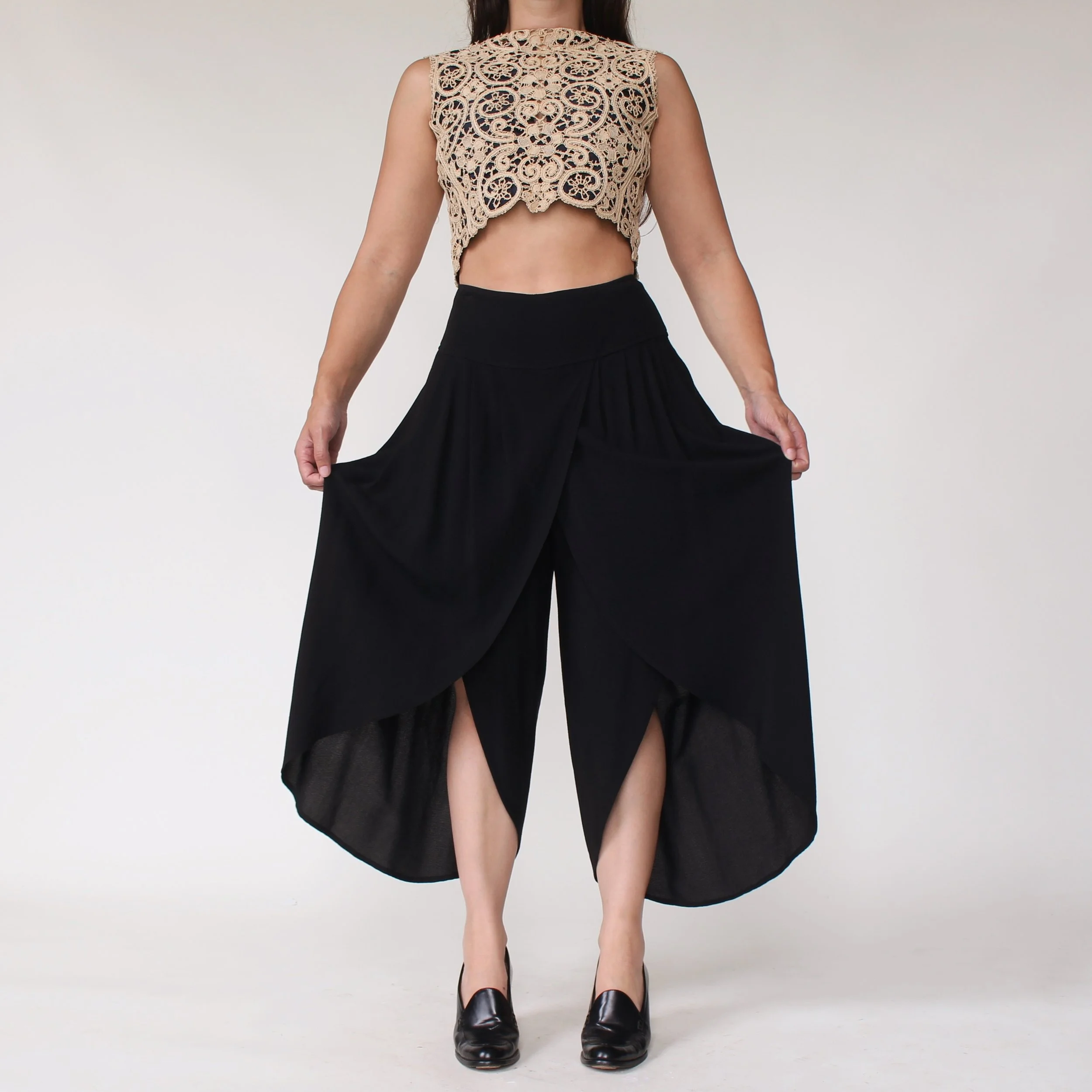 Jet Black Cropped Tulip Cut Pants - W30