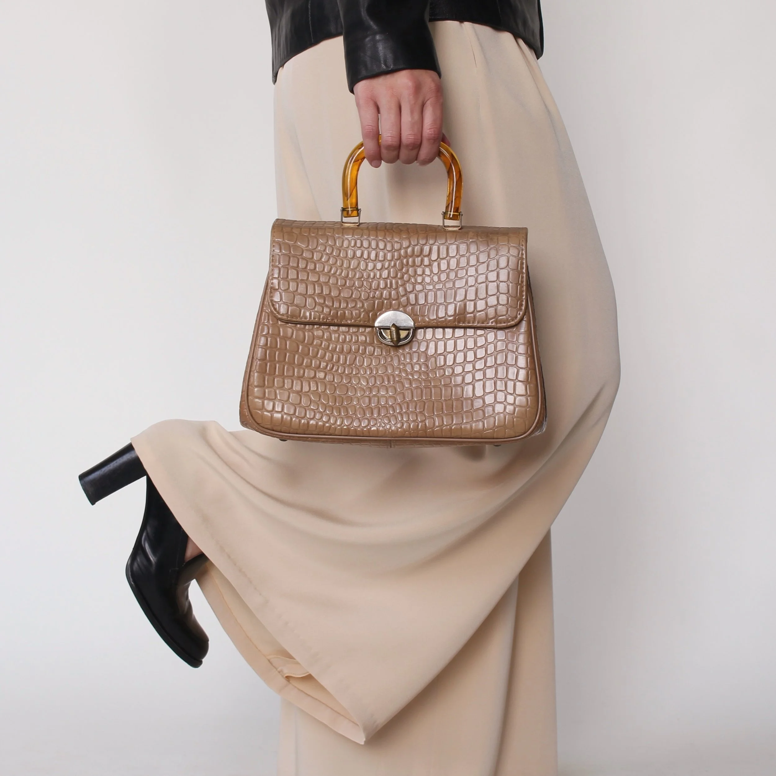 Mid Century Embossed Lucite Handle Bag