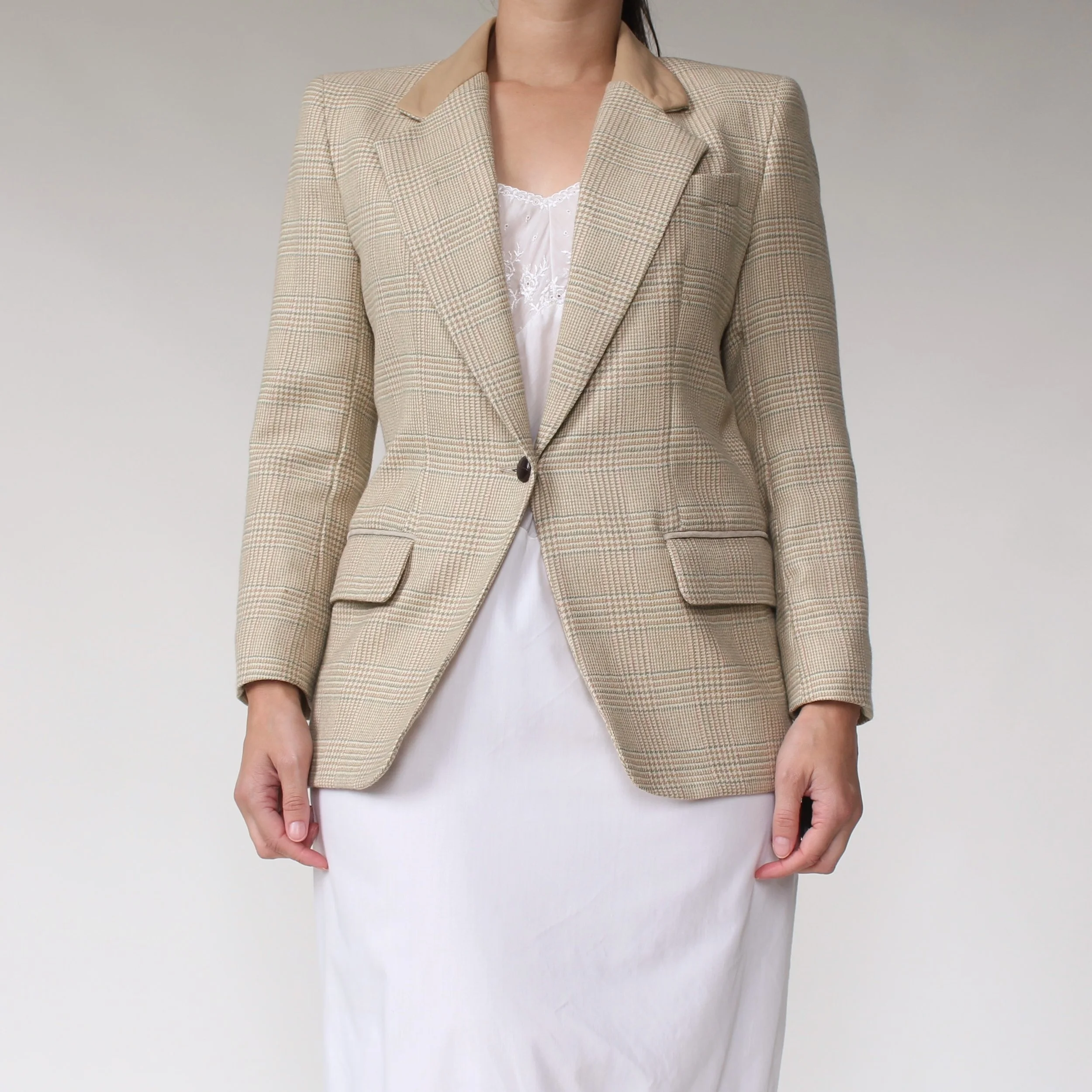 Vintage Leather Trim Tailored Blazer