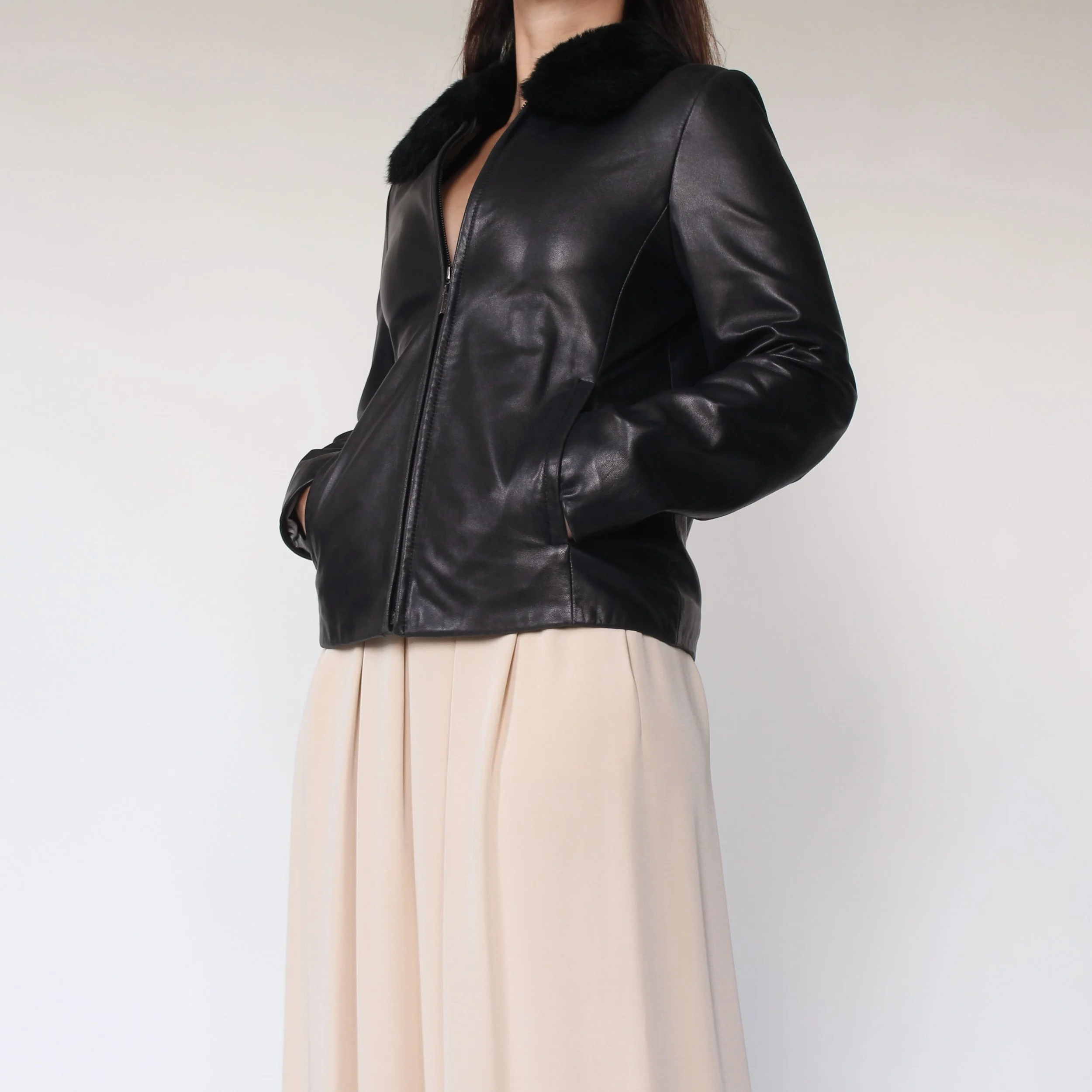 Vintage Faux Fur Collar Lamb Leather Jacket