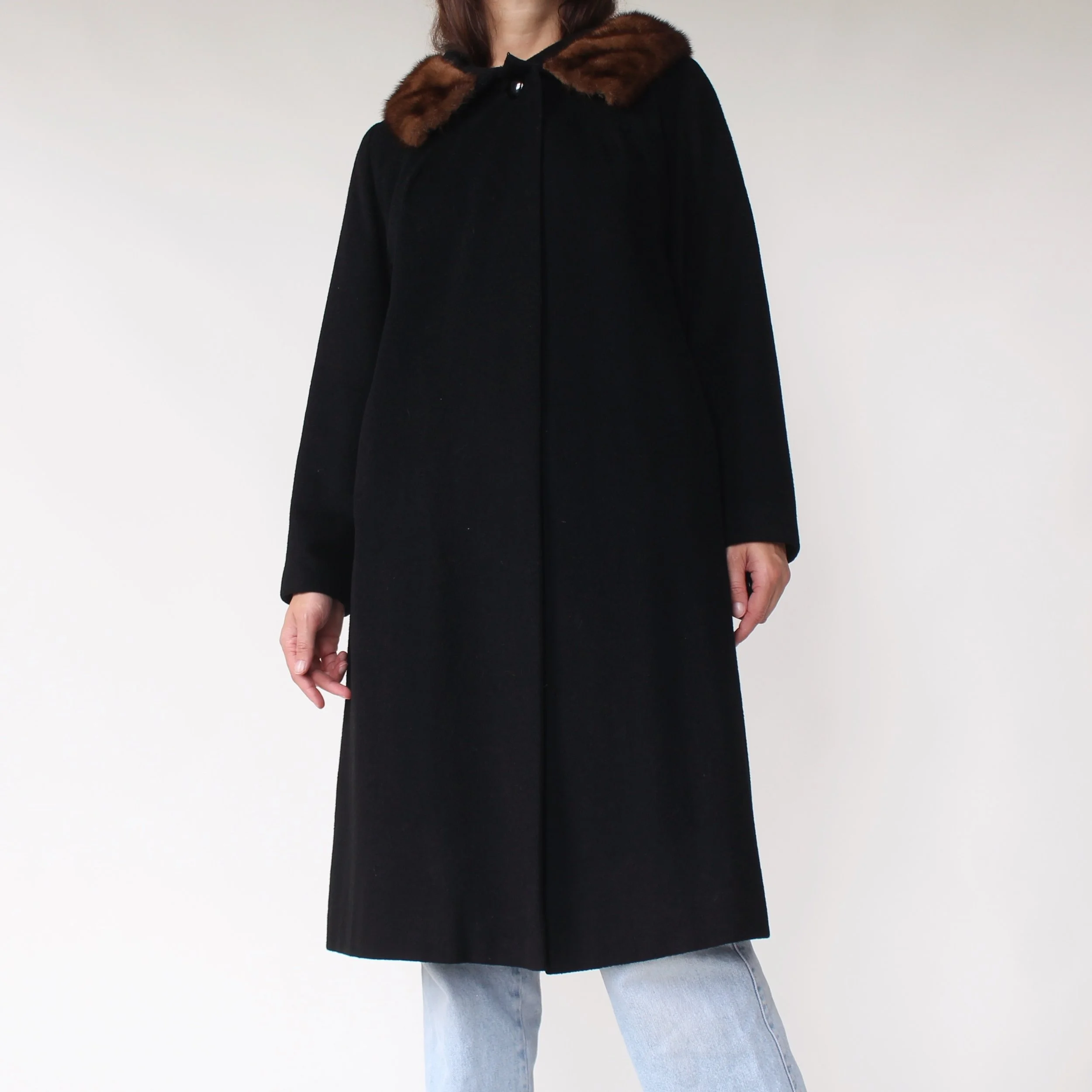 1960s Jet Black Wool Fur Collar Coat