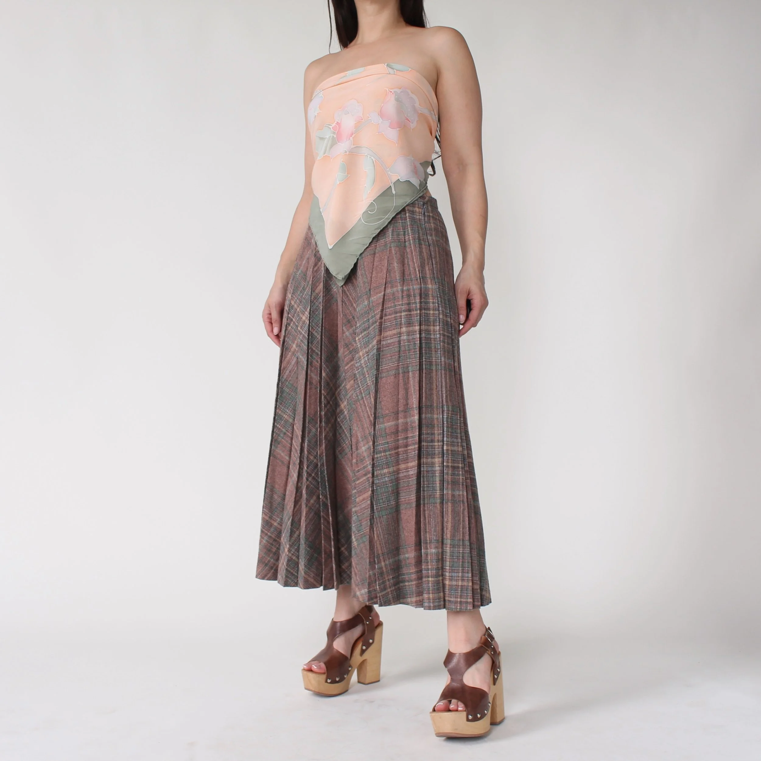 Vintage Muted Plaid Pleated Skirt - W29