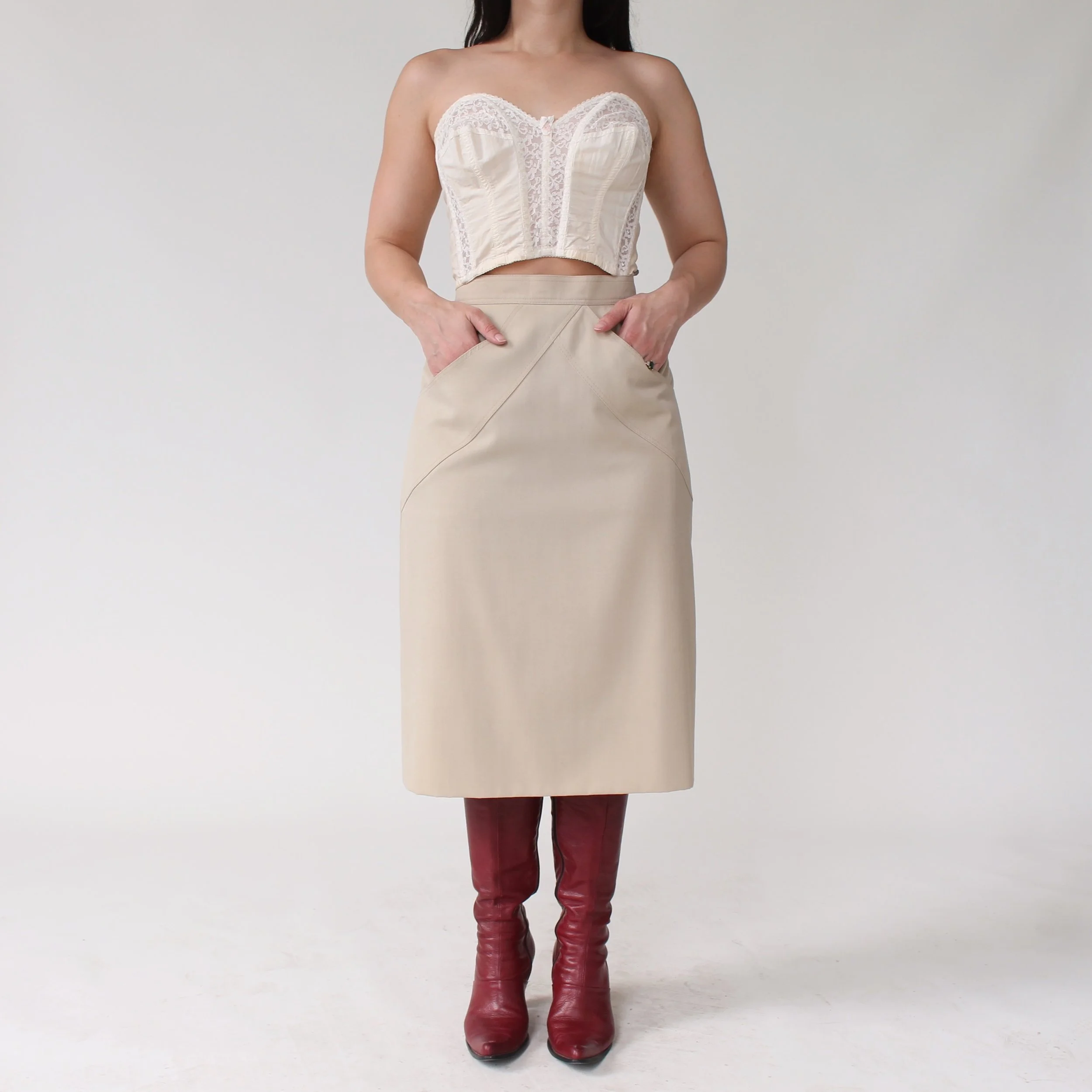 Vintage Khaki Cross Front Midi Skirt - W29