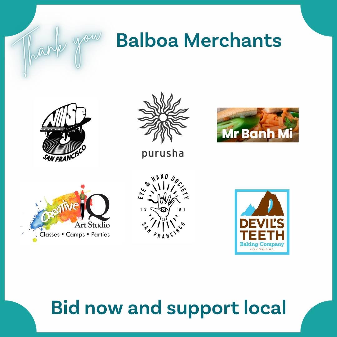 🎉 A huge shout out to our amazing Balboa Merchants like Noise SF, Purushka, Mr. Banh Mi, Creative IQ, Eye &amp; Hand Society, and Devil's Teeth for generously donating to our silent auction! 🙌 Bid now to support local businesses and The Richmond Ne