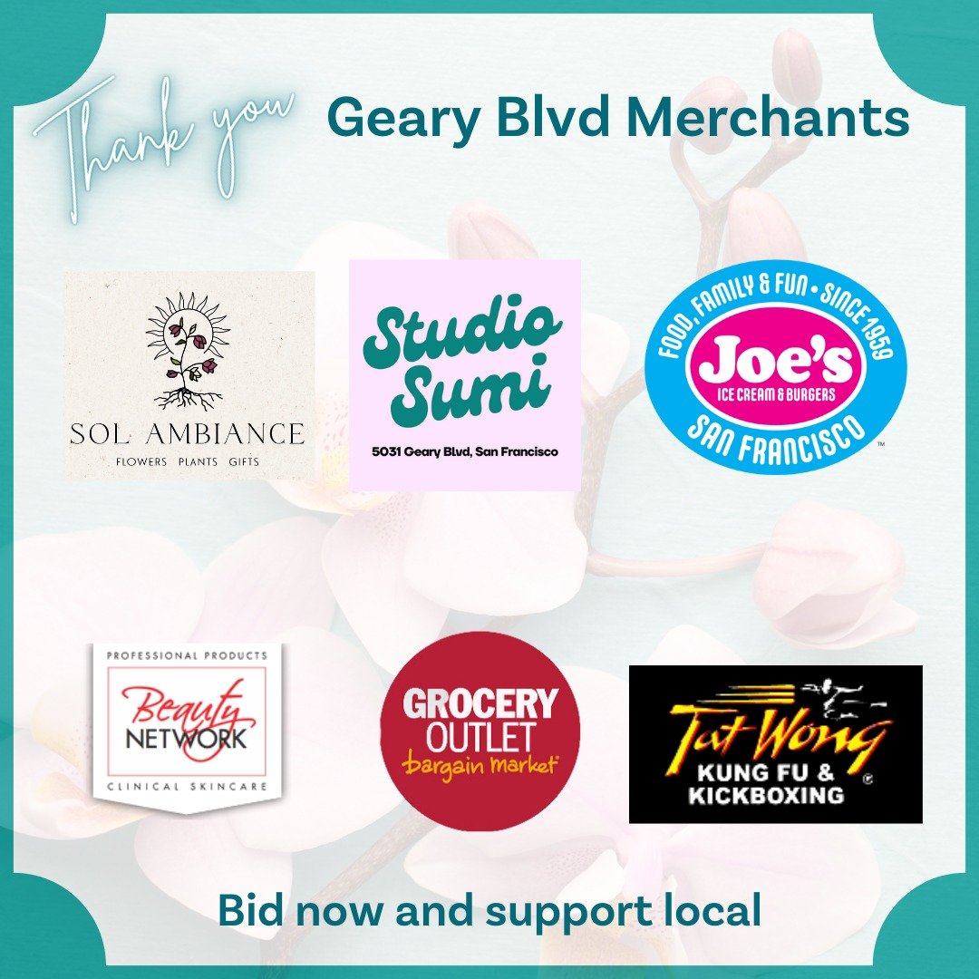 🎉 Shout out to our fantastic Geary Blvd Merchants including Sol Ambiance, Studio Sumi, Joe's Ice Cream, Beauty Network, Tat Wong Kung Fu, and Grocery Outlet for their generous contributions to our silent auction! 🙌 Your support means the world to T