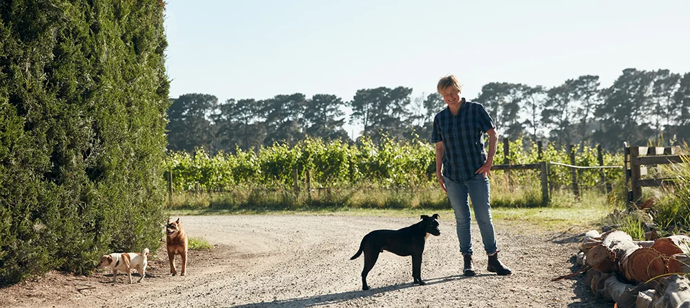 Kathleen Quealy at the Quealy Wines Vineyard Driveway