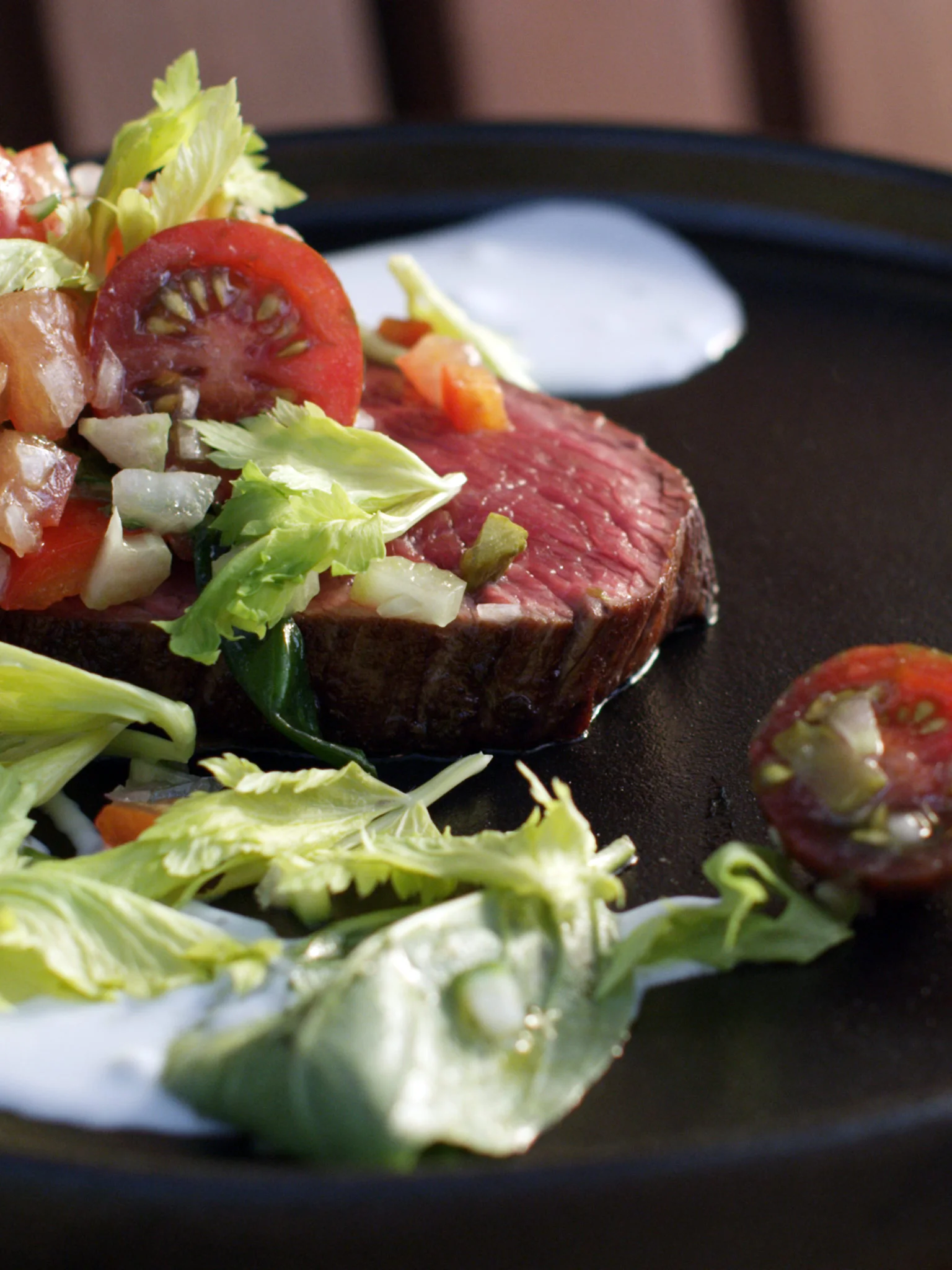 Seared Eye Fillet with Carpaccio and Goats Cheese Dressing