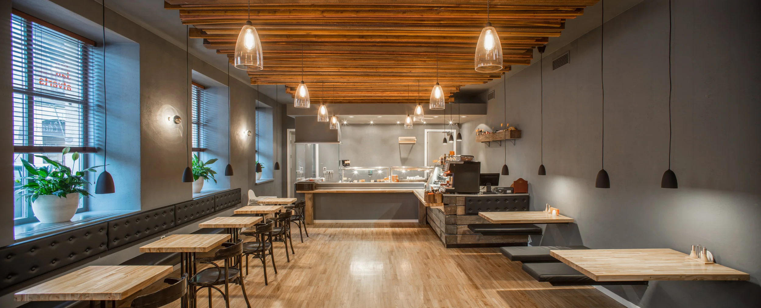 Copy of Interior of restaurant. Panorama. Wooden design.