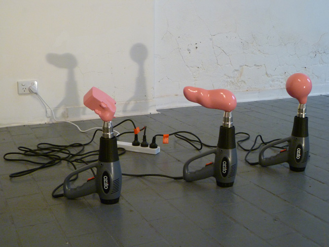 Ozito Sculpture Fabricator, 2011 Ozito Heat Gun, polyester filller, wood, glass, pink enamel paint, powerboard, powerpoint Dimensions Variable The New Field , 2011, Dark Horse Experiment, Melbourne. group exhibition