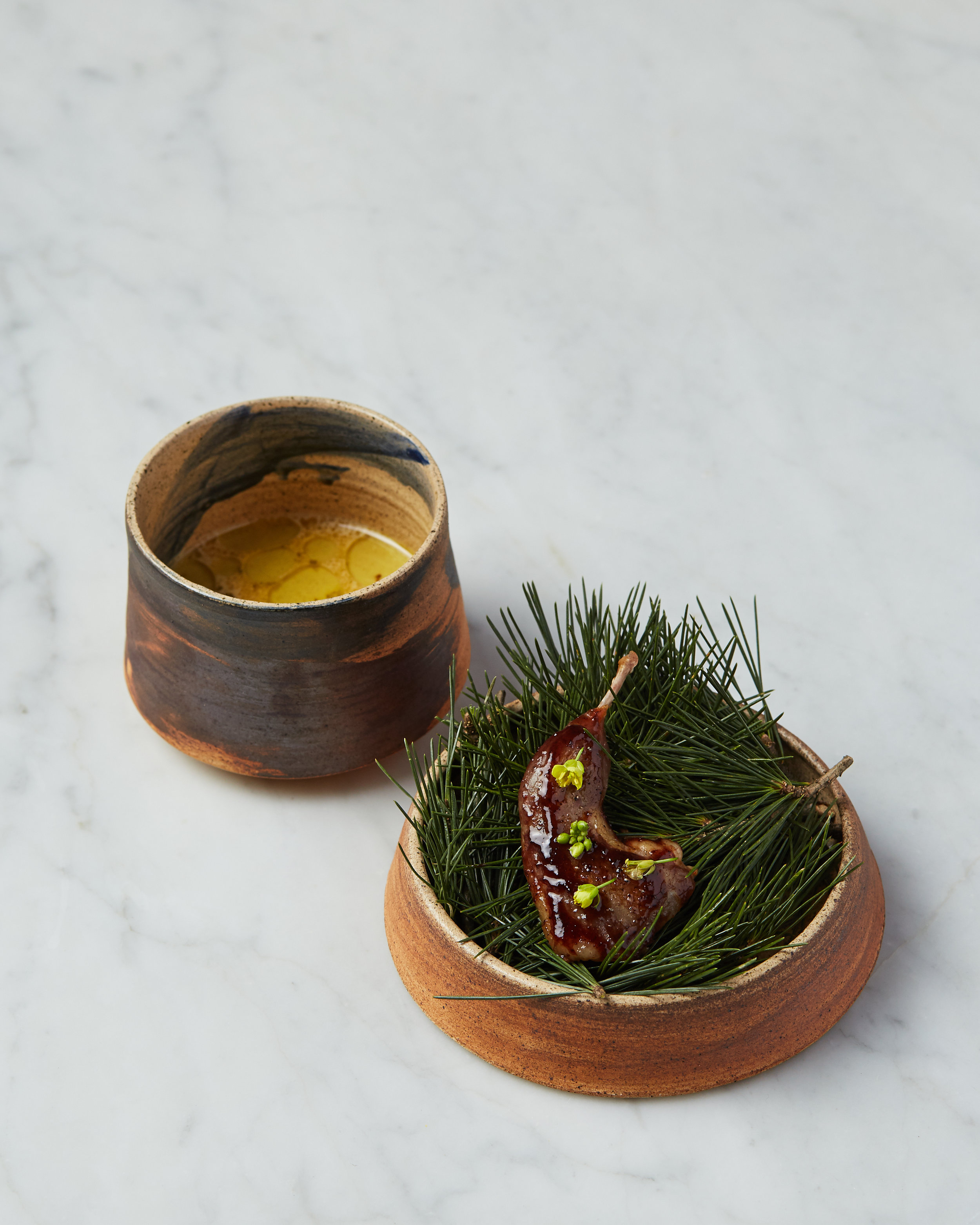 Raisin-glazed Quail, Yakhni broth, Spruce Oil.jpg