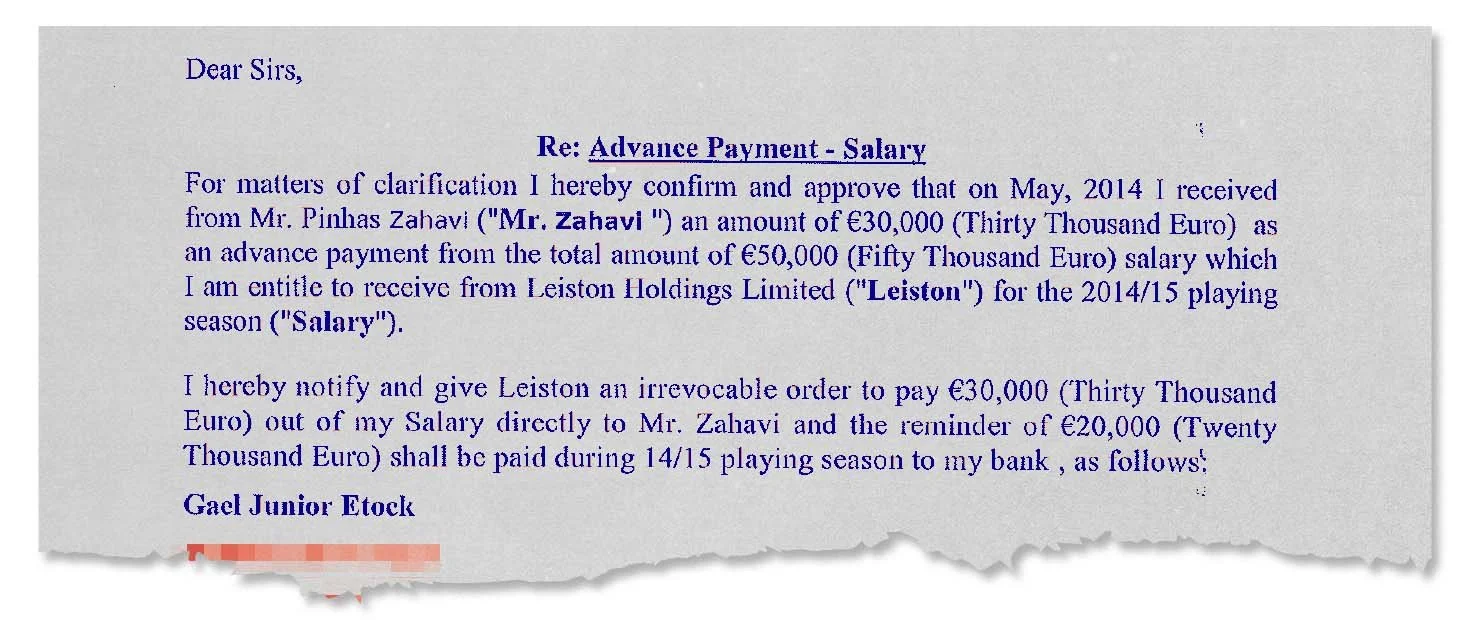  Pismo igralca Gaëla Etocka, v katerem je od podjetja Leiston Holdings Limited, offshore družbe v lasti Romana Abramoviča, zahteval predujem za svojo plačo v višini 50.000 evrov. 