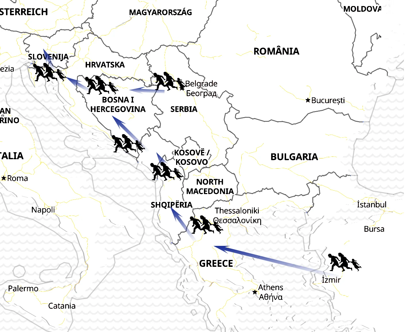  Izbjeglice i migranti prolaze Balkan prema severu i zapadu Europe. Dolaze uglavnom iz Afganistana, Irana i Pakistana, kao i iz Sirije, Iraka, Eritreje i drugih afričkih zemalja. Put protječe iz Turske preko Grčke i Albanije, Crne Gore i Srbije u Bosnu i Hercegovinu, a potom preko Hrvatske do Slovenije. 