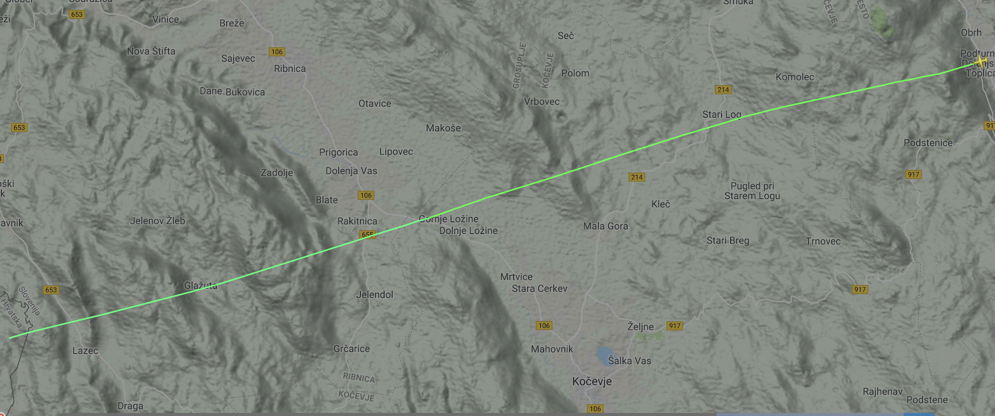  Pot, ki jo je 10. septembra 2019 opravilo letalo S5-DIH, ko je letelo nad Notranjsko. Zemljevid: Flightradar24 