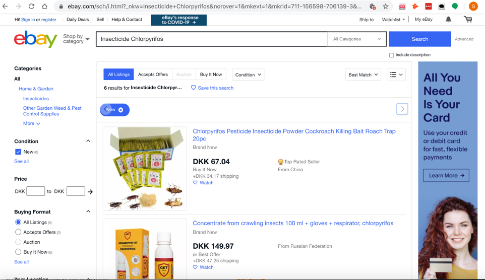 Banned but for sale: Insecticide Chlorpyrifos no longer allowed in the EU, but easy to purchase at online site eBay.