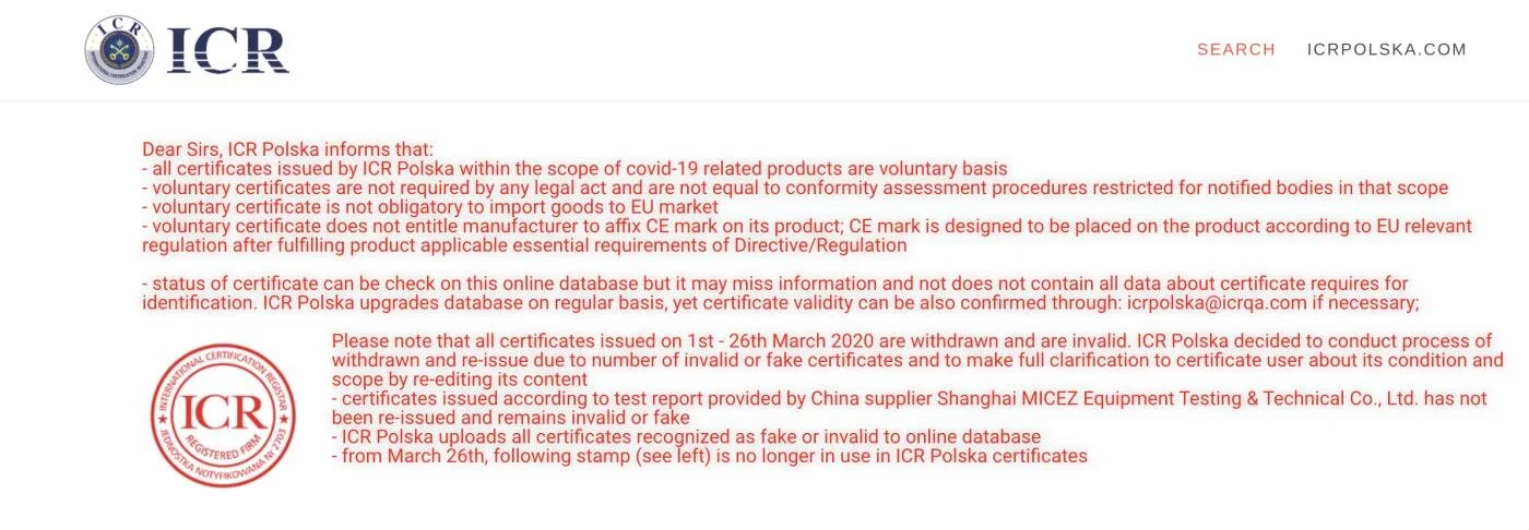  ICR Polska posted this announcement on its website in March, disavowing certificates for PPE it issued amid the coronavirus pandemic. Credit: ICR Polska 