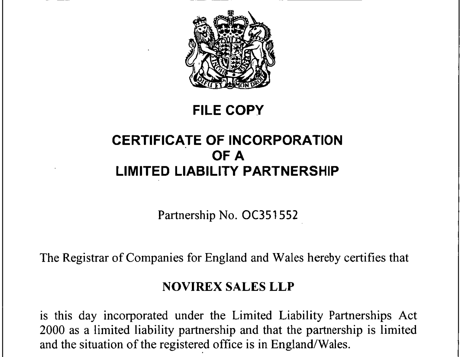  Registration of Novirex Sales LLP. 