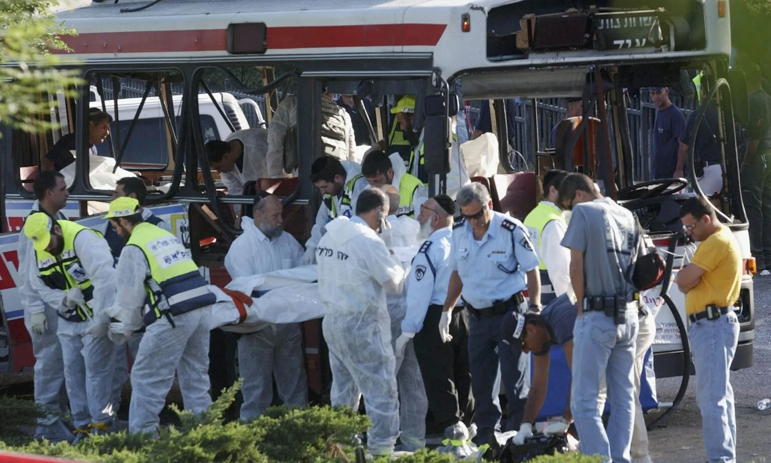  Israeli emergency personnel responds to the suicide bomb in 2003. Image: Getty Images 