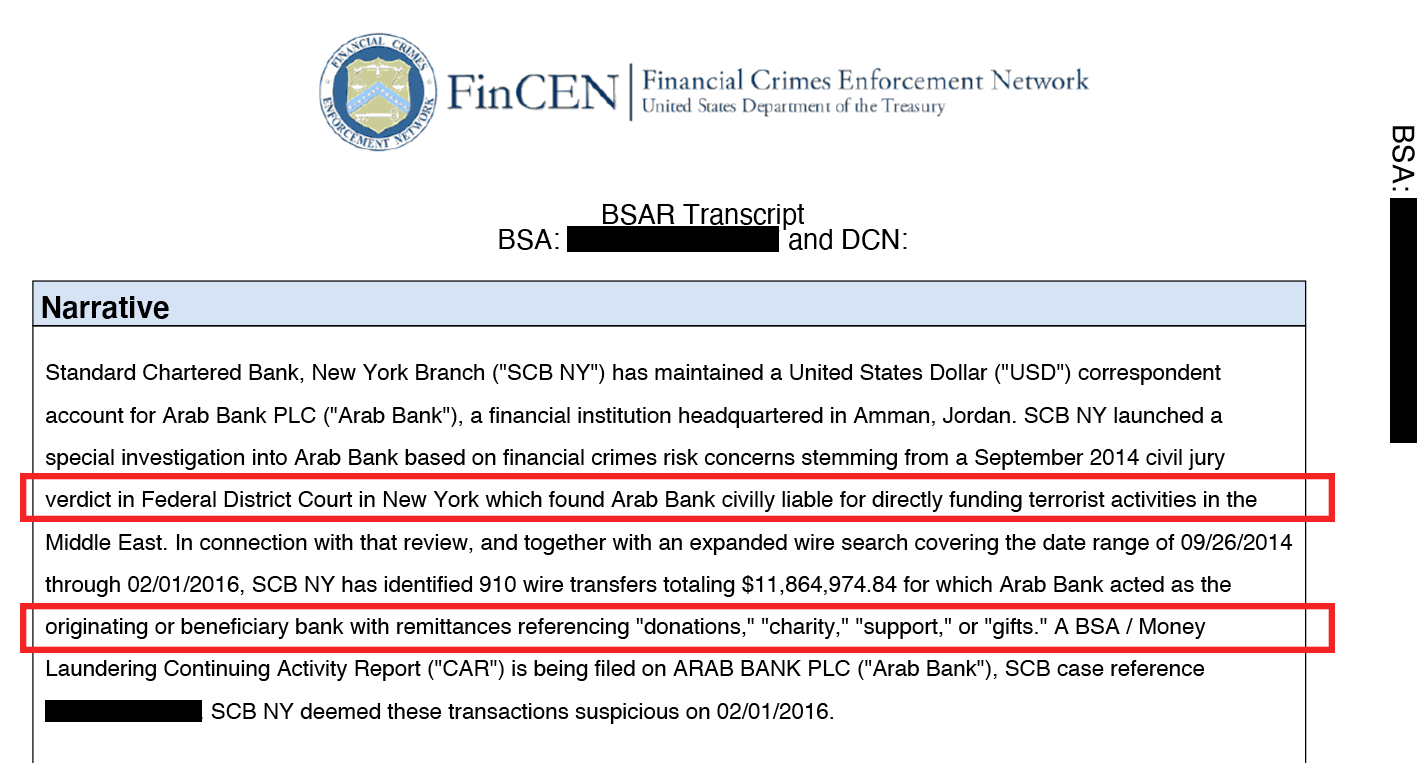  A snapshot from one suspicious activity report in the FinCEN Files that features Arab Bank. 