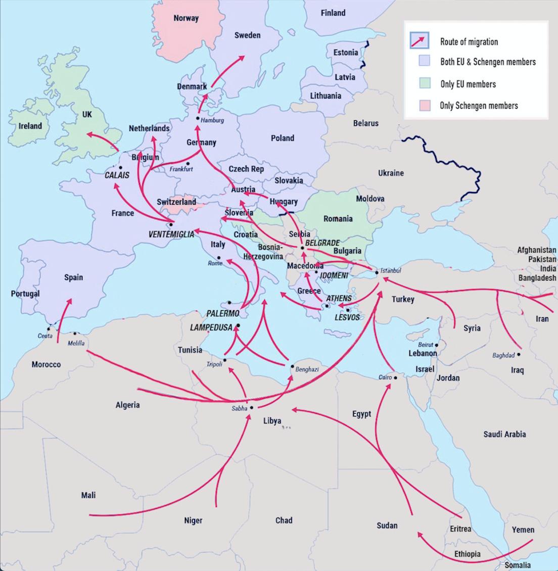 Glavne migracijske rute prema Europi. Mapa ustupljena od organizacija BVMN i No Name Kitchen. Izvor: BVMN Specijalni izvještaj Covid-19.
