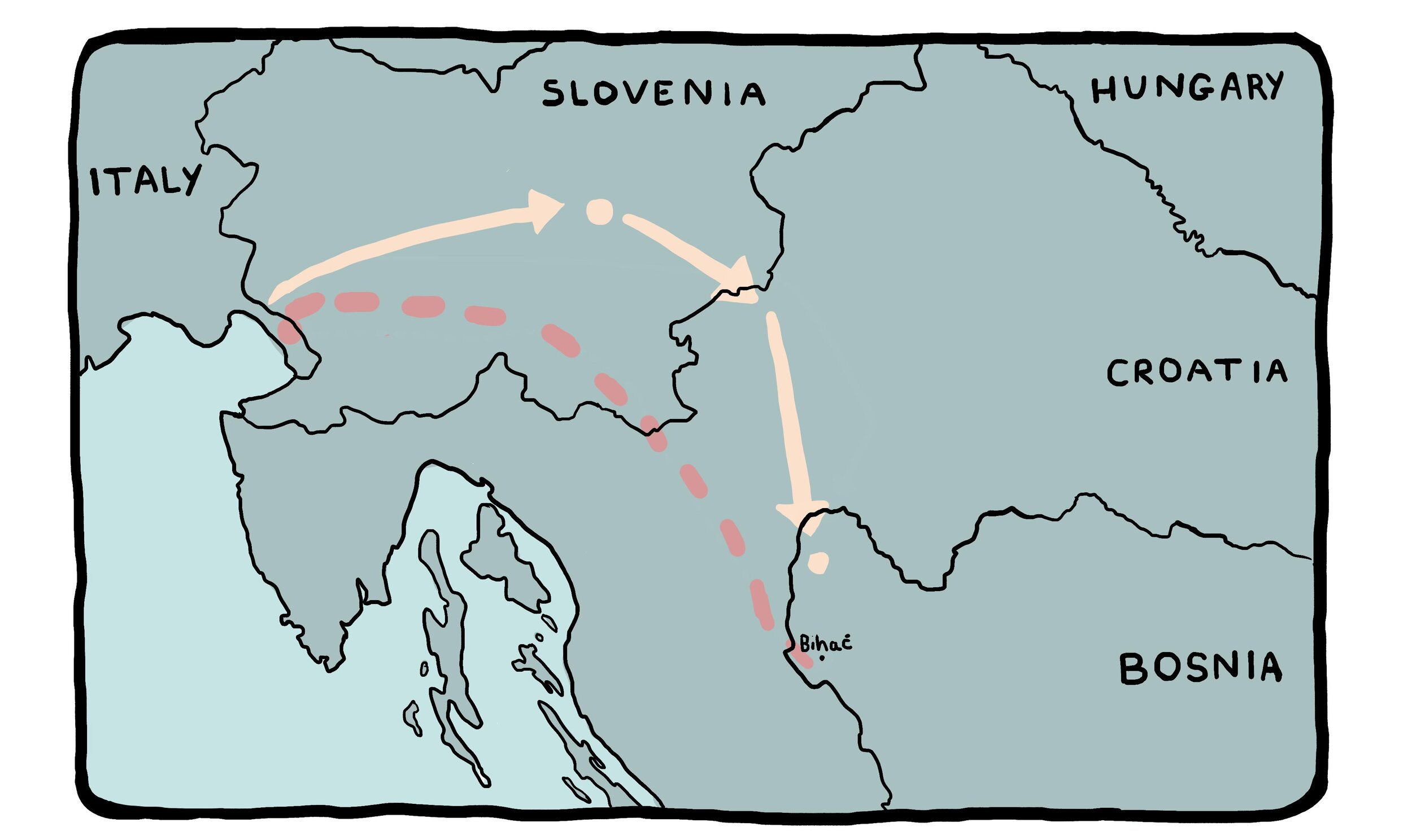 Mapa prikazuje rutu iz Bosne u Italiju (crvena boja) i sistem lančanih odvraćanja (roza boja) iz Italije nazad u Bosnu.