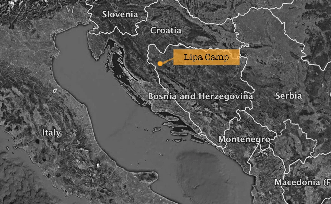 Satelitska snimka IOM kampa Lipa, 30km južno od Bihaća.