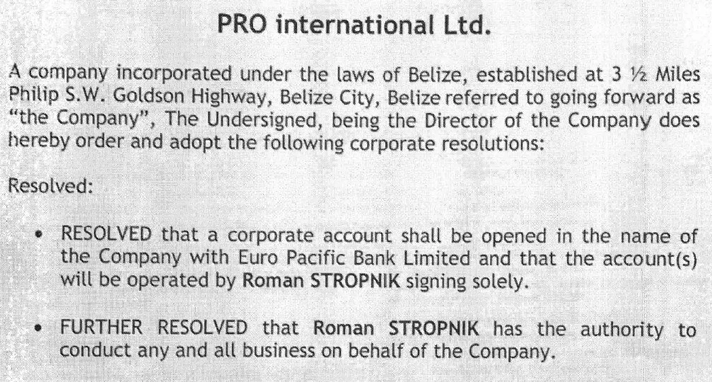  Decision of the board of Pro International in Belize from January 2018. Source: SFM/Pandora Papers 