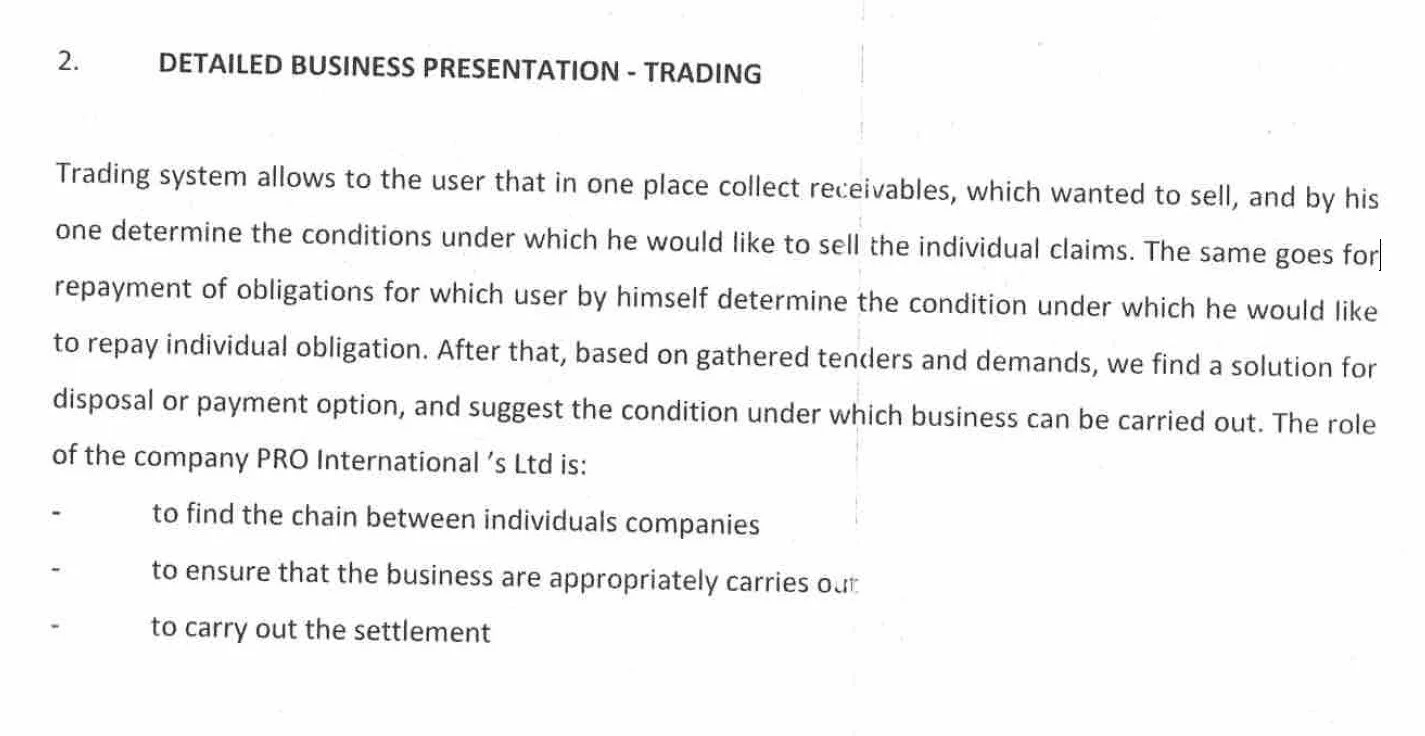  Part of Pro International's business plan sent to SFM in November 2017 by Roman Stropnik. Source: Pandora Papers/SFM 