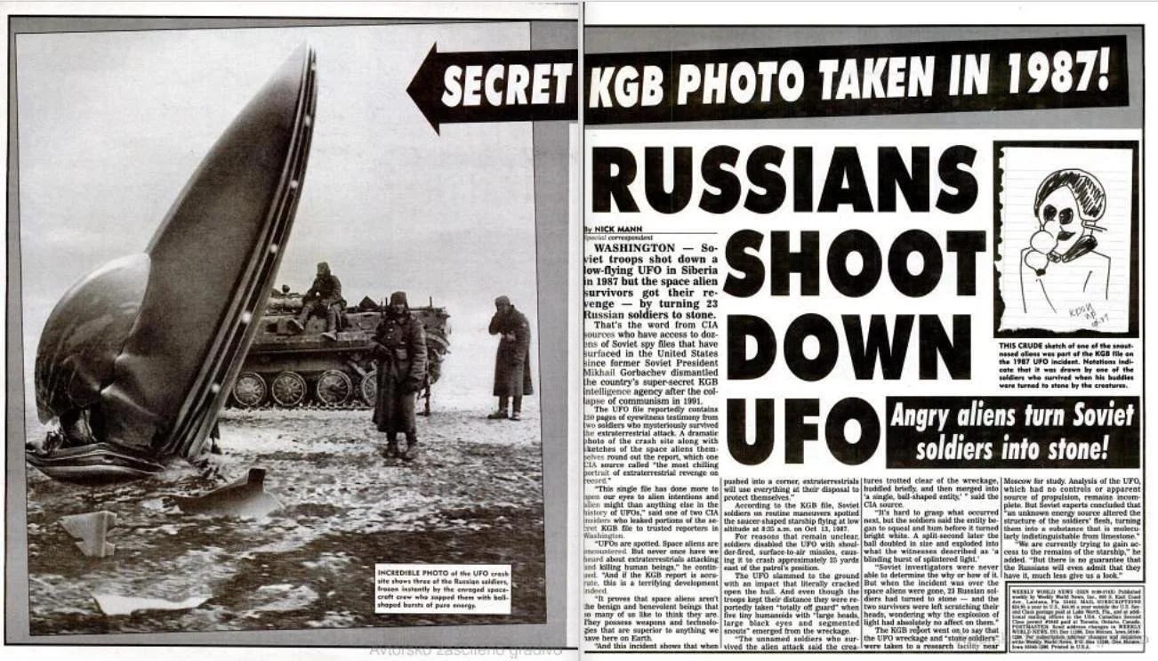  Posnetek zaslona  članka  v časopisu Weekly World News, ki ga je leta 1993 povzel ukrajinski časnik, iz tega pa ga je prevedla Cijina nekdanja služba za spremljanje informacij o tujih medijih. 