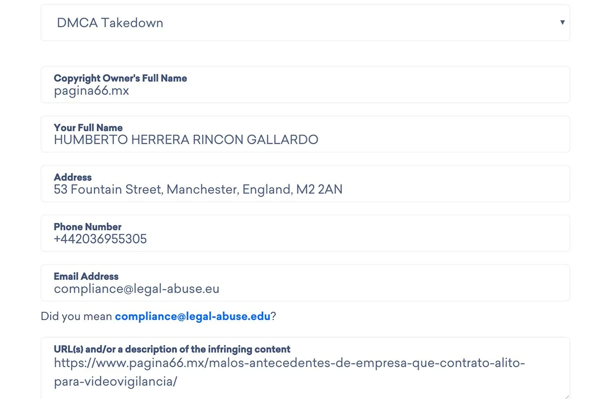  Zahtevek za odstranitev spletne strani, ki ga je Gallardo vložil proti podjetju Página66, mediju, za katerega dela Sánchez. 