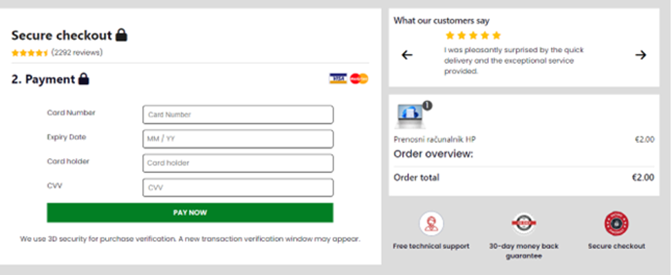  Obrazec za vnos podatkov kreditne kartice. Vir: SI-Cert 