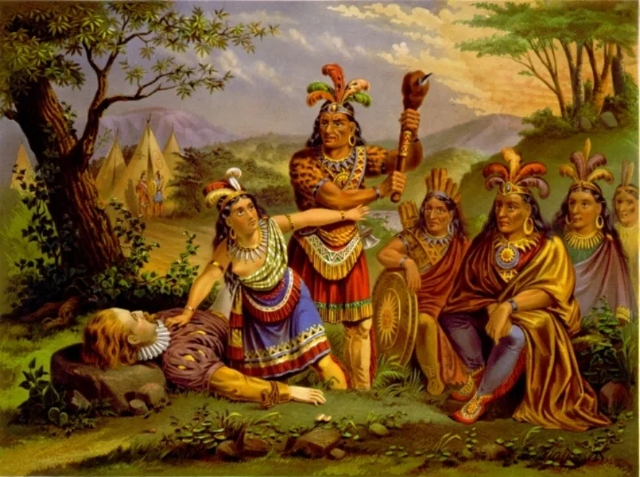 Een prent uit 1870 die het verhaal van Pocahontas en de Powhatan-indianen stereotypeert en idealiseert.