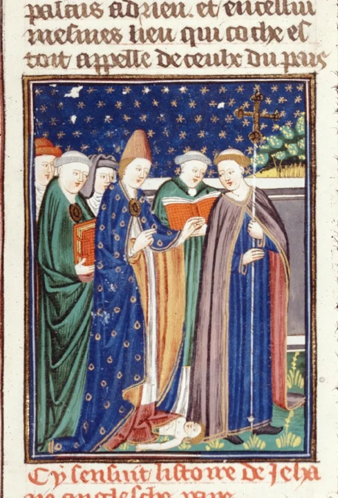 Detail uit een Franse miniatuur over Pausin Johanna, we zien hoe ze tijdens een processie bevalt van kind, ca. 1440 (British Library).