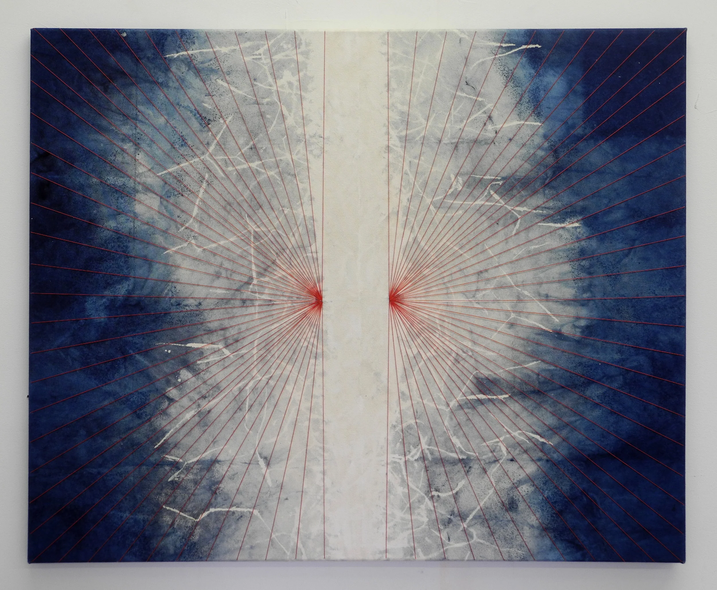 Ruby Rods, 2012, Indigo, bleach and thread on canvas, 27" x 33"