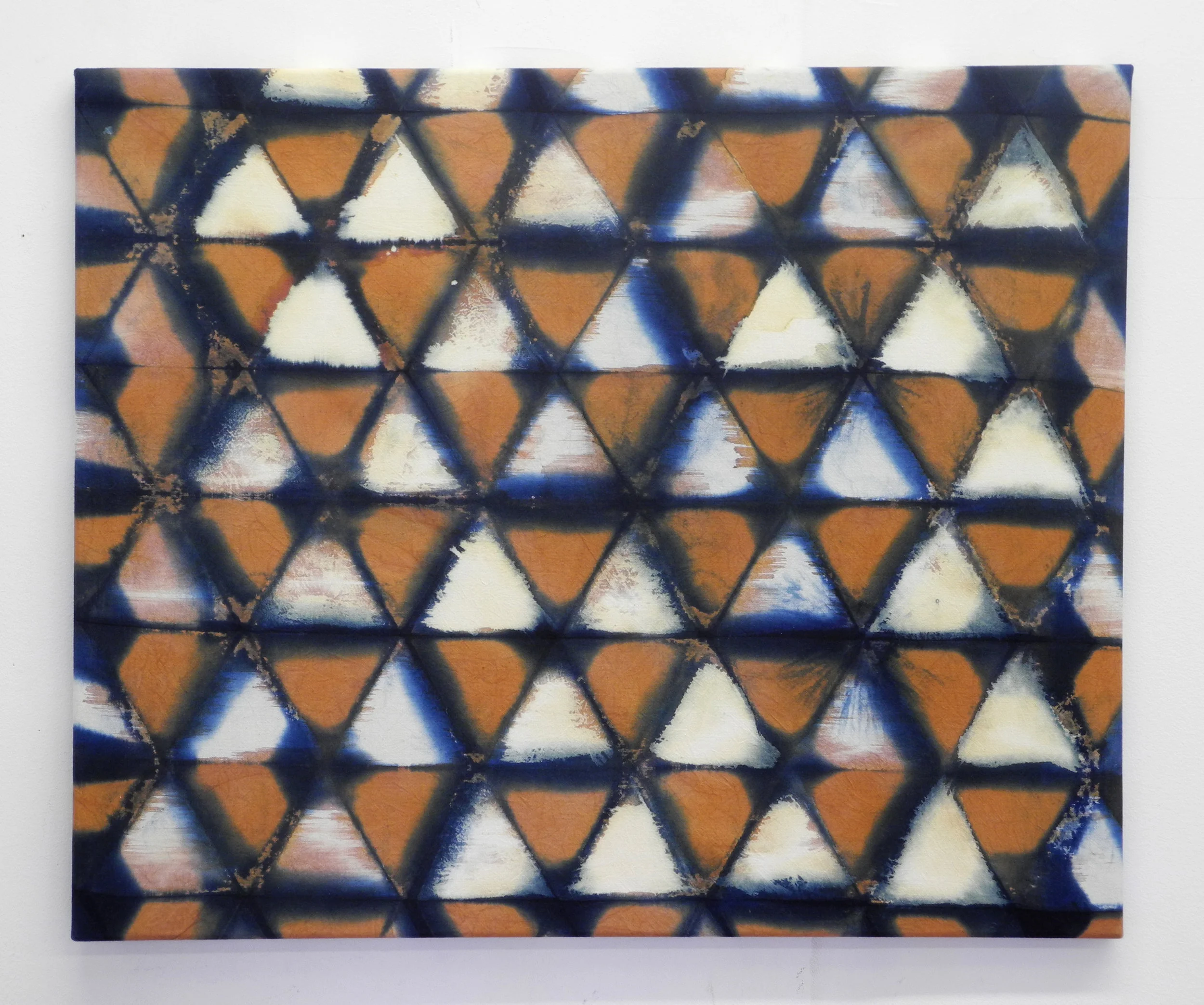 Tile the Plane, 2013, Indigo, Brazilwood and bleach on canvas, 19" x 23"