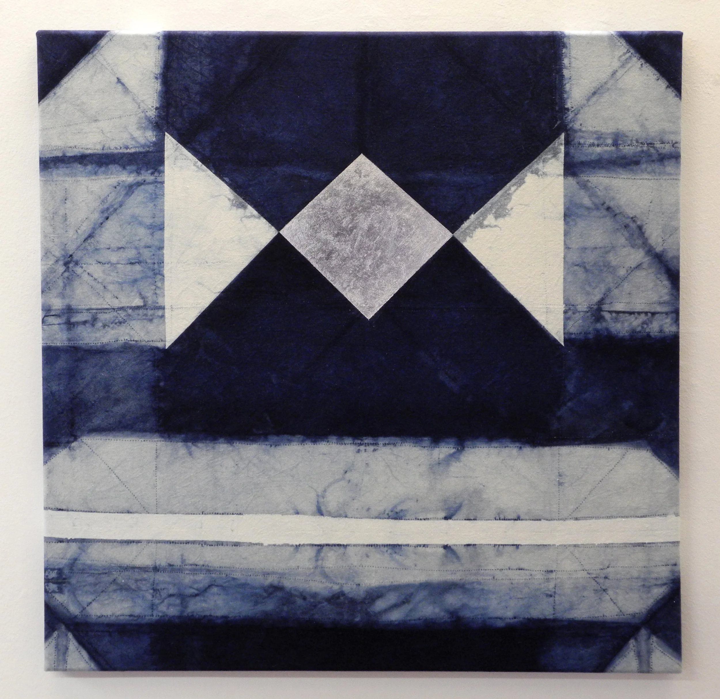 Tension Diamond, 2013, Indigo, bleach and silverleaf on canvas, 24" x 24"