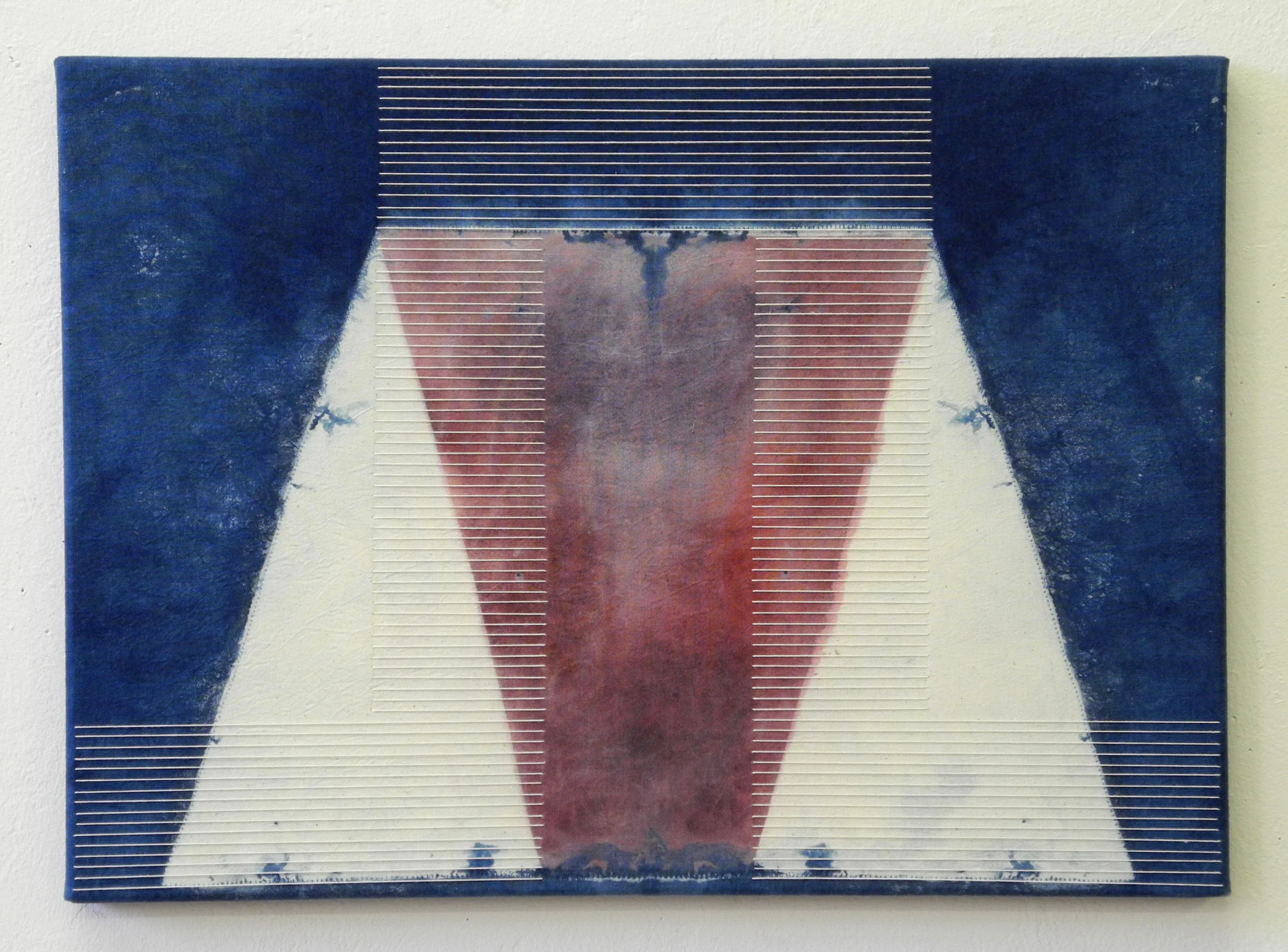 Stacks, 2013, Indigo, brazilwood and thread on canvas, 13" x 18"