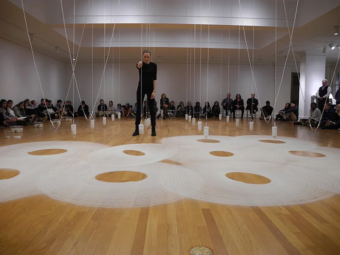 The Melody Of Structures, 2015, Performance and site-specific installation with pendulums and sand, 16' x 30', Tremaine Gallery, Lakeville, CT