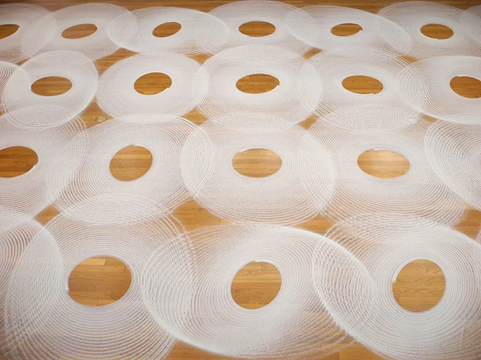 The Melody Of Structures, 2015, Performance and site-specific installation with pendulums and sand, 16' x 30', Tremaine Gallery, Lakeville, CT