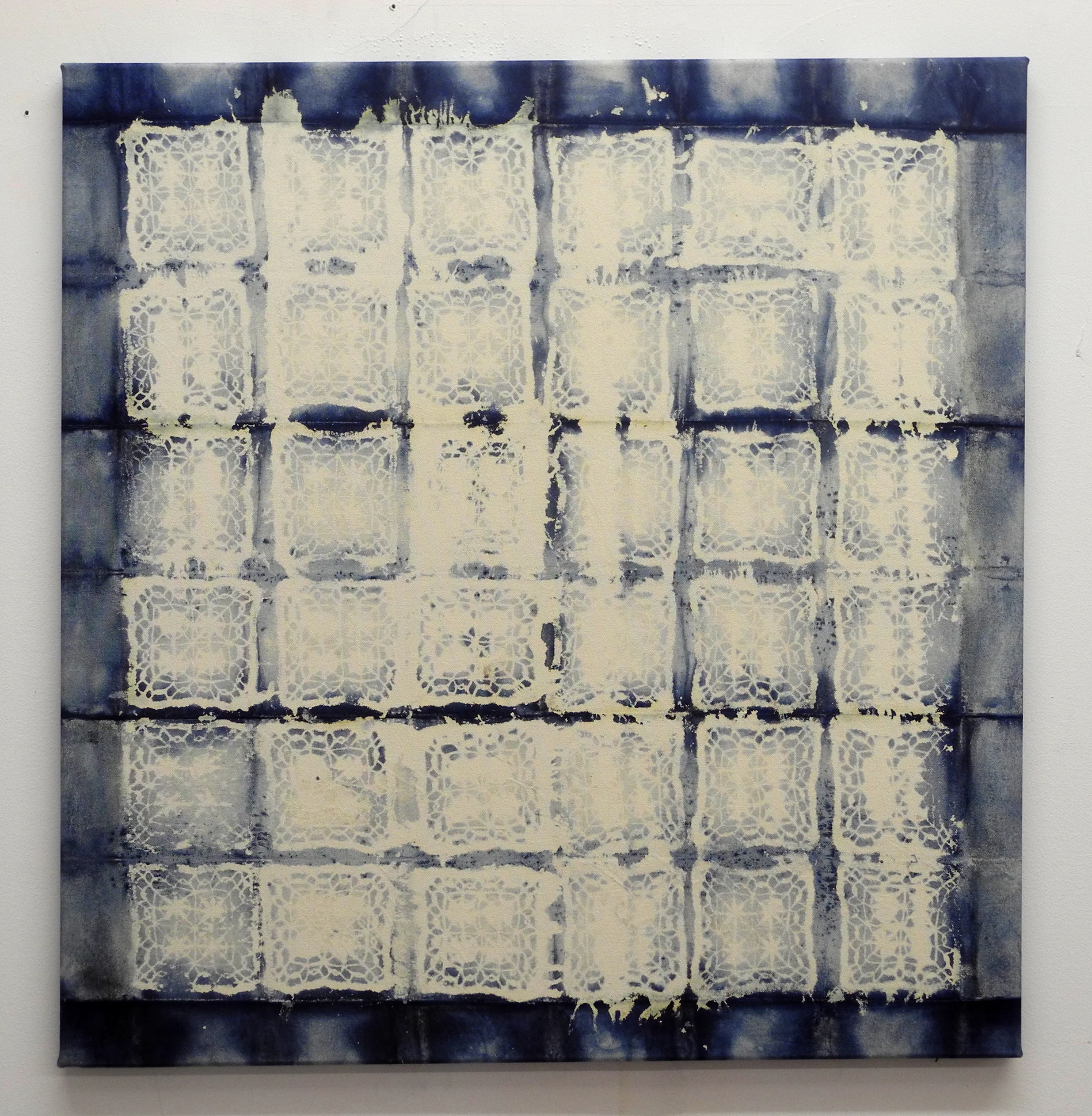 Torchon Grid, 2012, Indigo, bleach and thread on canvas, 28" x 28"