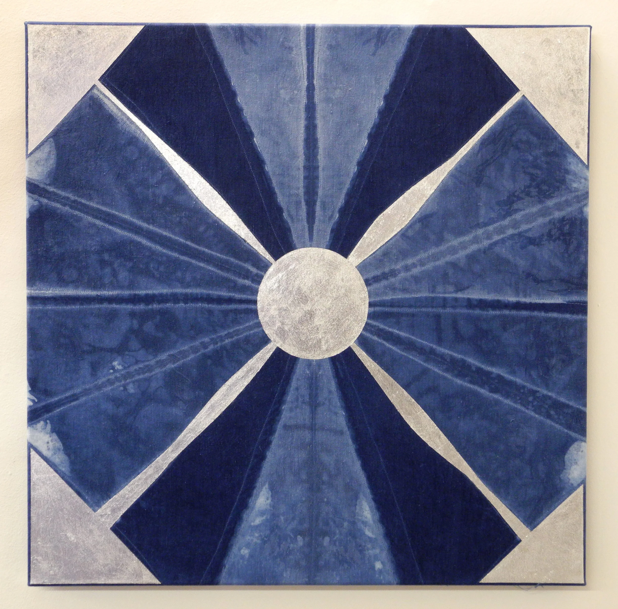 Moon Compass, 2013 Indigo, bleach and silverleaf on linen. 27" x 27"