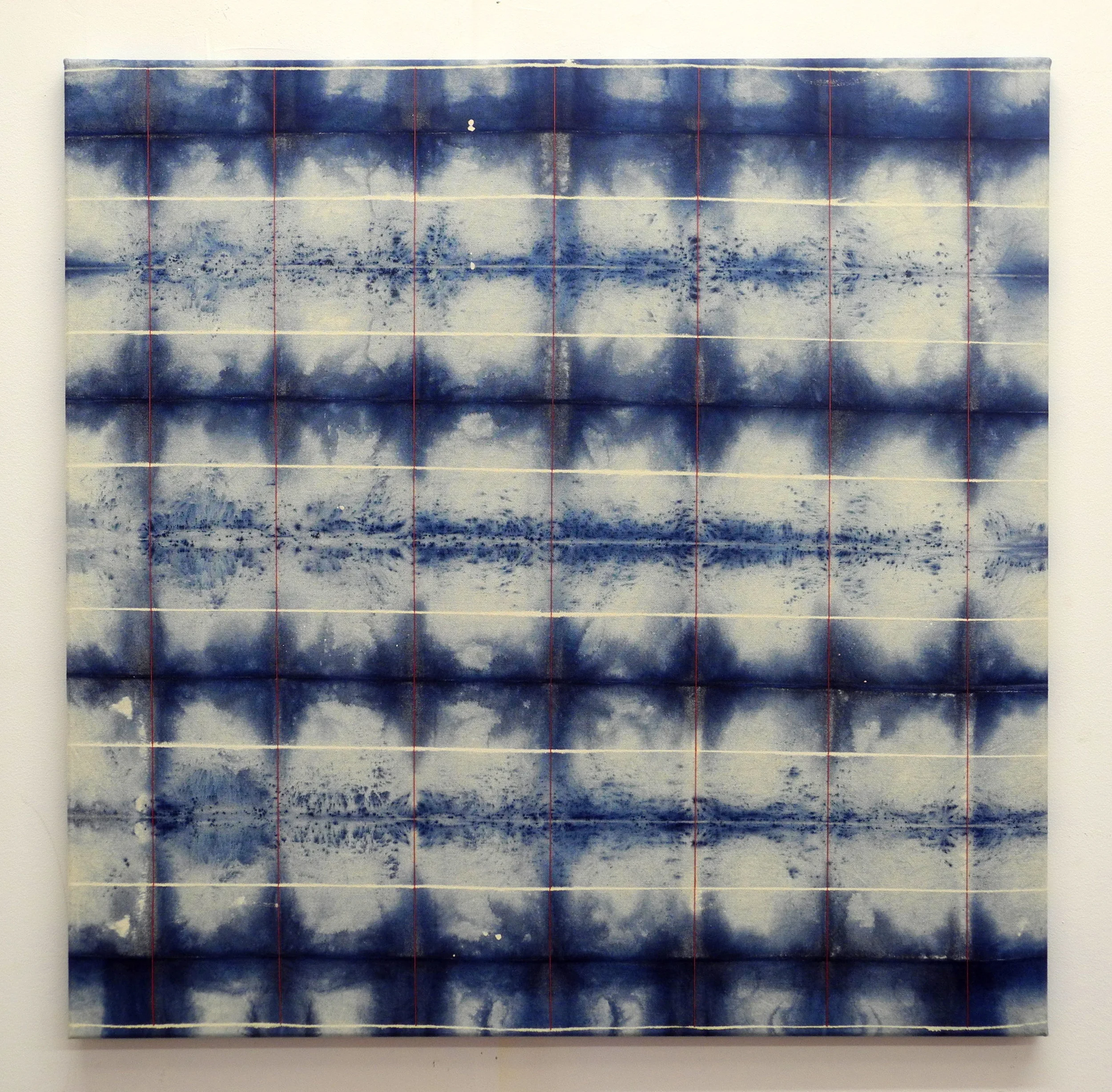 Still Capture, 2012, Indigo, bleach and thread on canvas, 28" x 28"