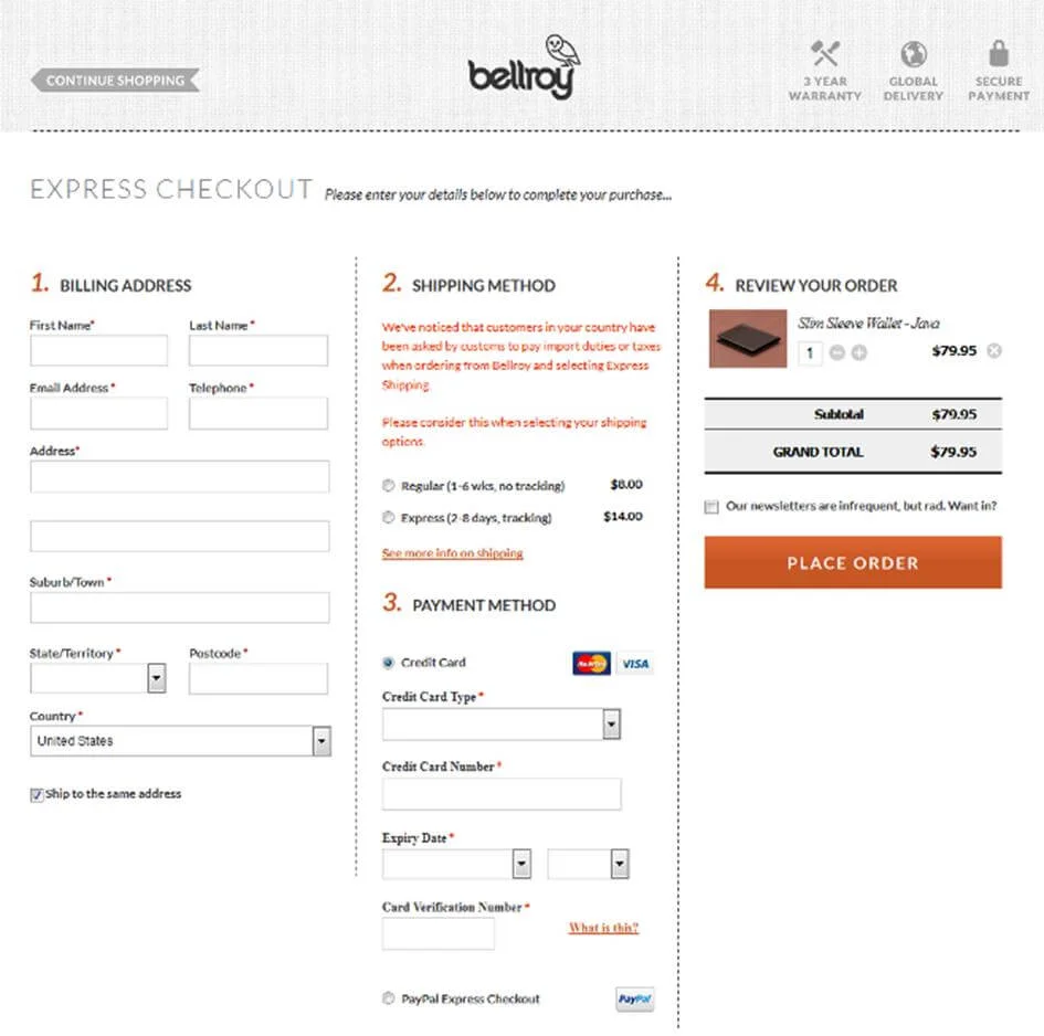 Bellroy checkout example - all in one page