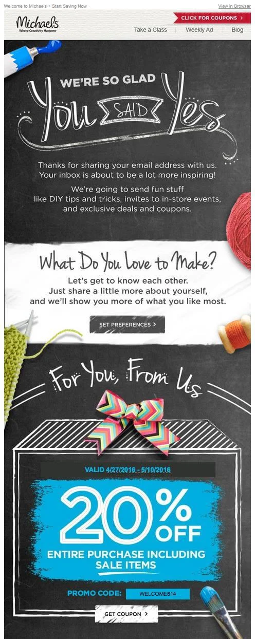 Michaels.com efficient welcome email