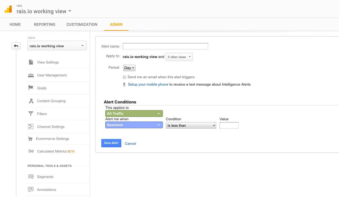 setting up custom alerts on google analytics