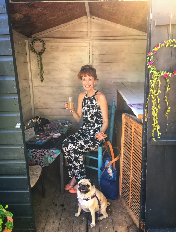Face painter fliss in shed with pug.jpeg