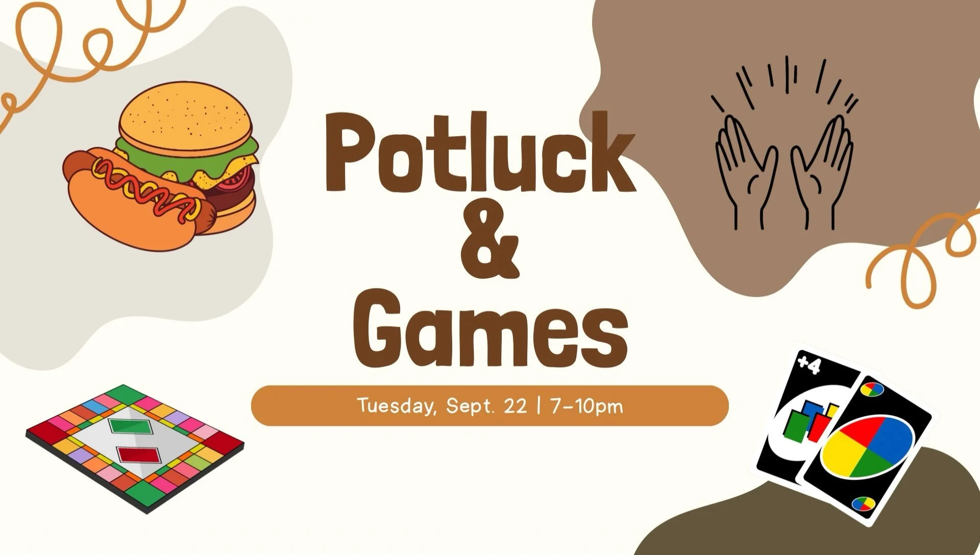 It&rsquo;s time to break bread and see who can game!
Join us for our Potluck &amp; Games Night. We&rsquo;ll be meeting outside Talley at the tables under the overhang (near Stafford Commons). 

Some food and drinks are provided so feel free to bring 