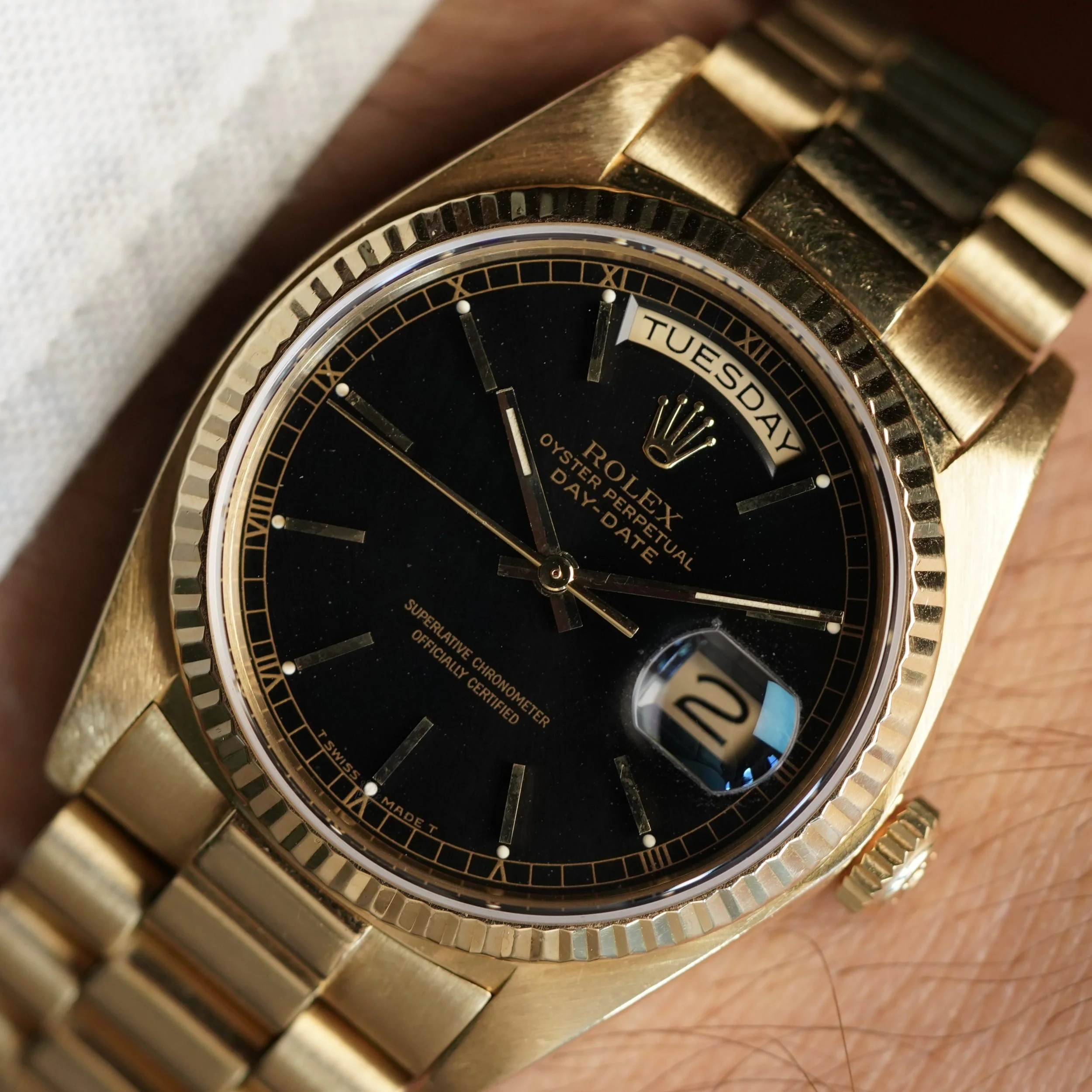 Rolex Black Dial Day-Date Reference 18038 in 18K Yellow Gold Full Set w/ Service Papers