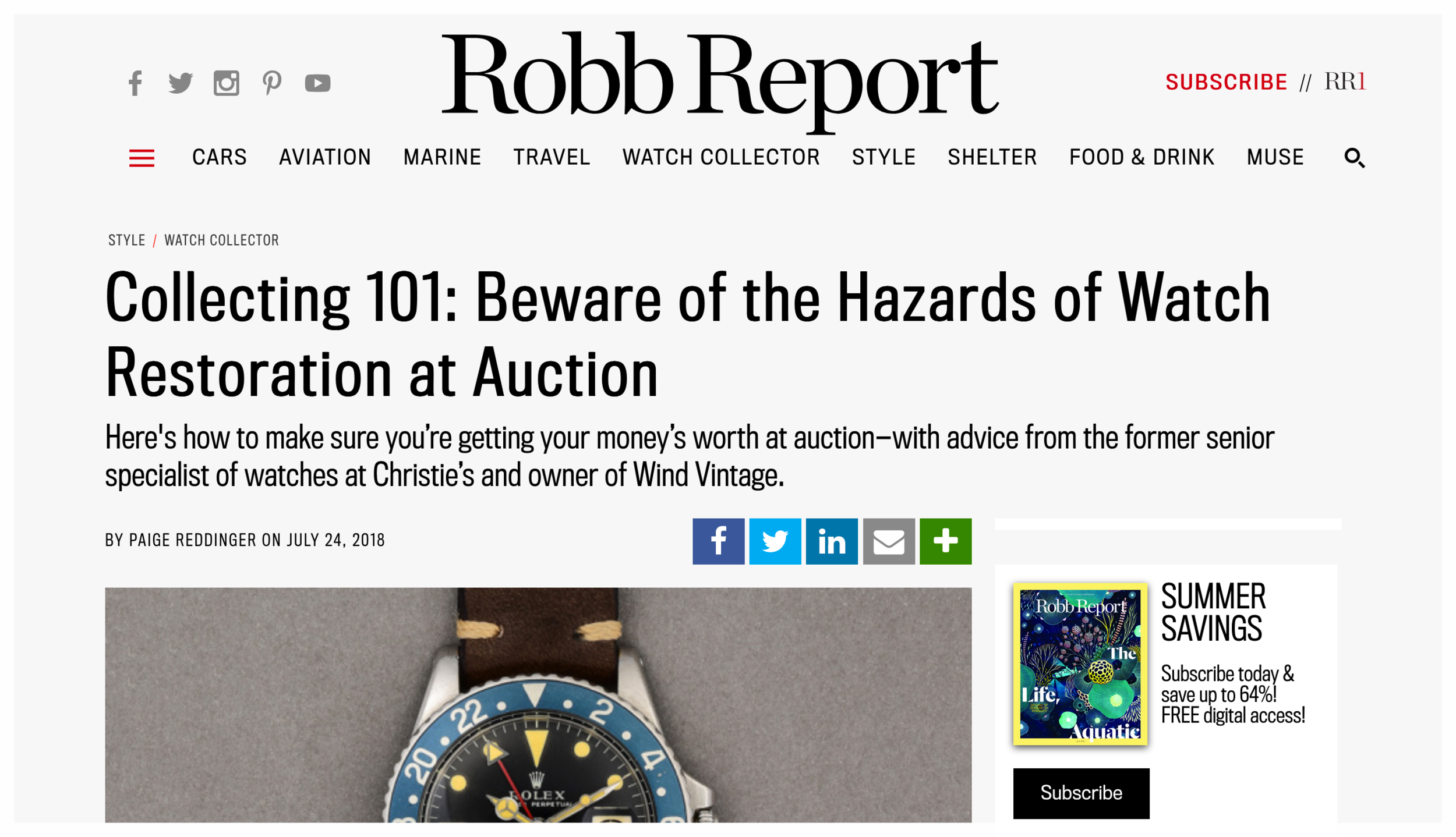 Robb Report Features Eric Wind on "the Hazards of Watch Restoration at Auction"