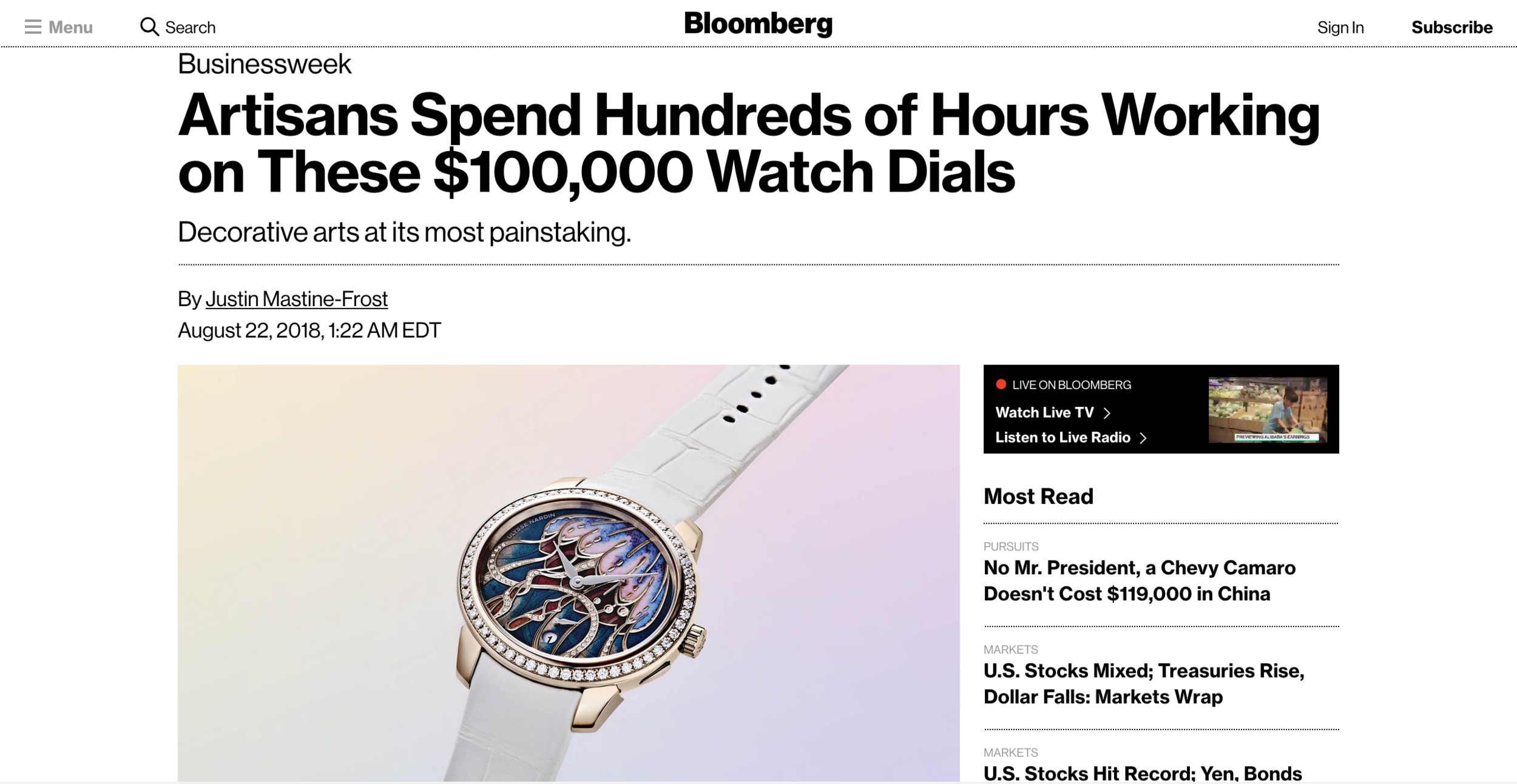 Bloomberg Businessweek: Eric Wind on Métiers d'Art Watches