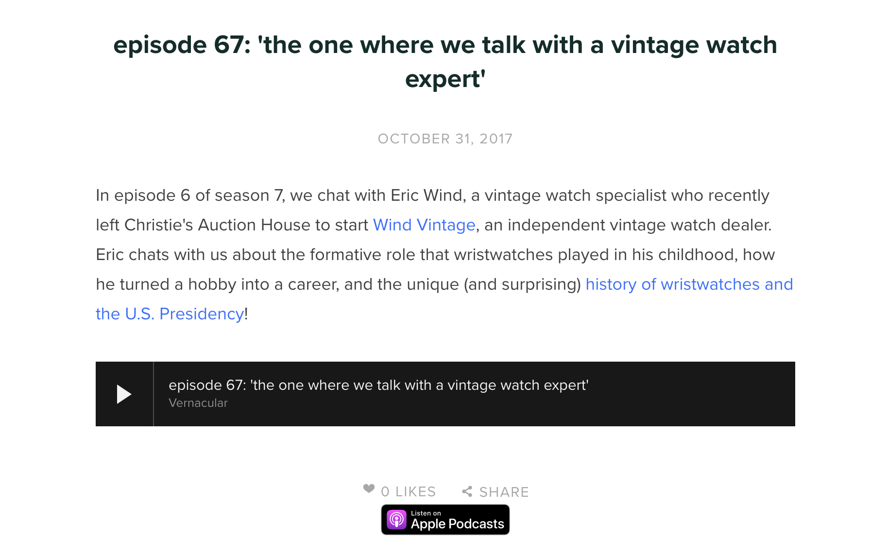 Vernacular Podcast: Eric Wind Discussing Vintage Watches